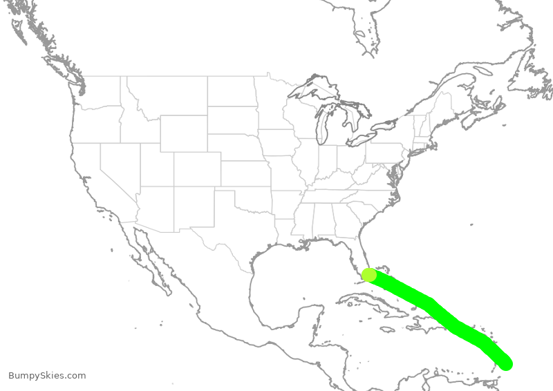 Turbulence forecast map for BWA791, MIA to BGI