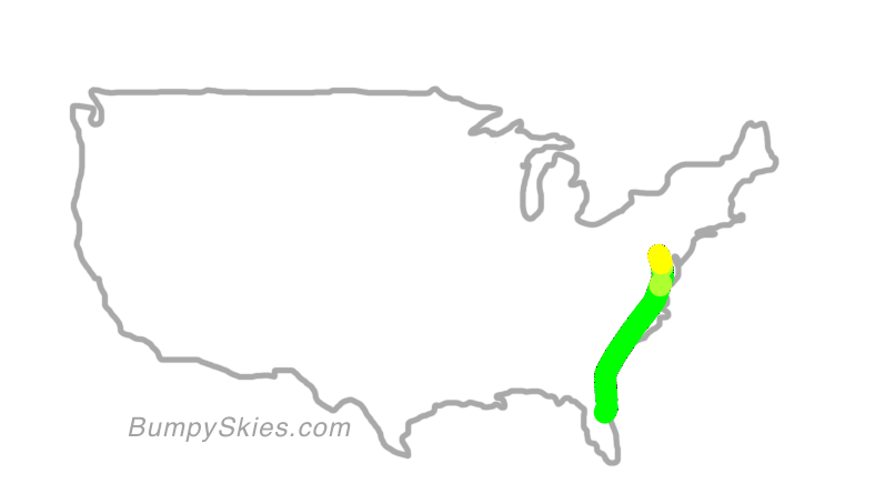 Map of continental US with illustrated flight path and turbulence forecast (described in text below)