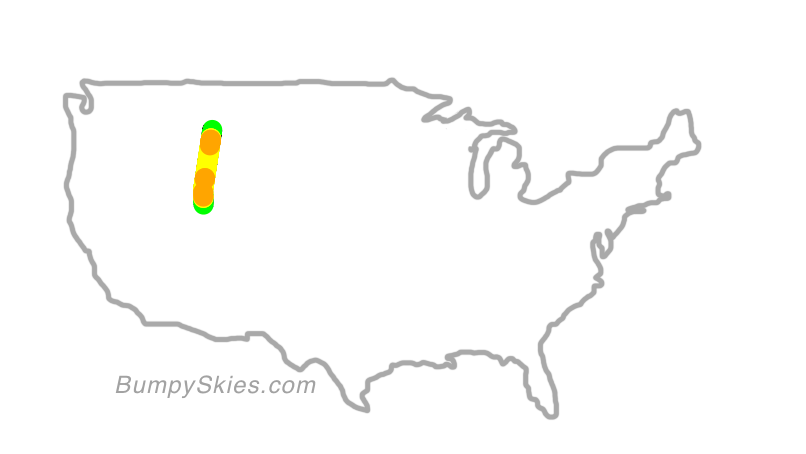 Map of continental US with illustrated flight path and turbulence forecast (described in text below)