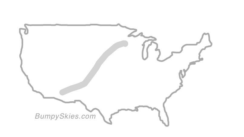 Map of continental US with illustrated flight path and turbulence forecast (described in text below)