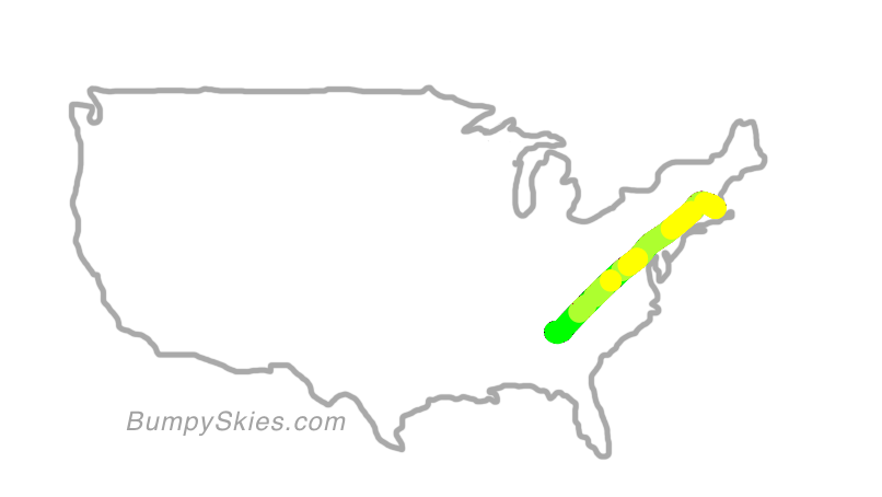 Map of continental US with illustrated flight path and turbulence forecast (described in text below)