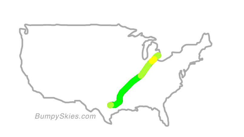 Map of continental US with illustrated flight path and turbulence forecast (described in text below)