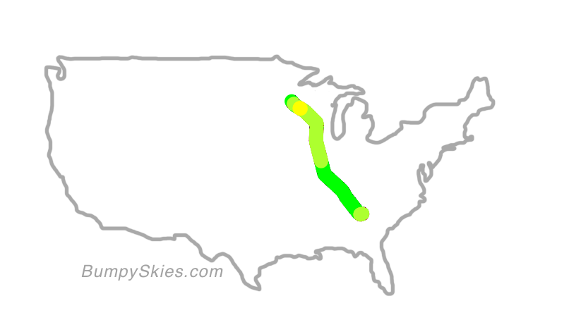 Map of continental US with illustrated flight path and turbulence forecast (described in text below)