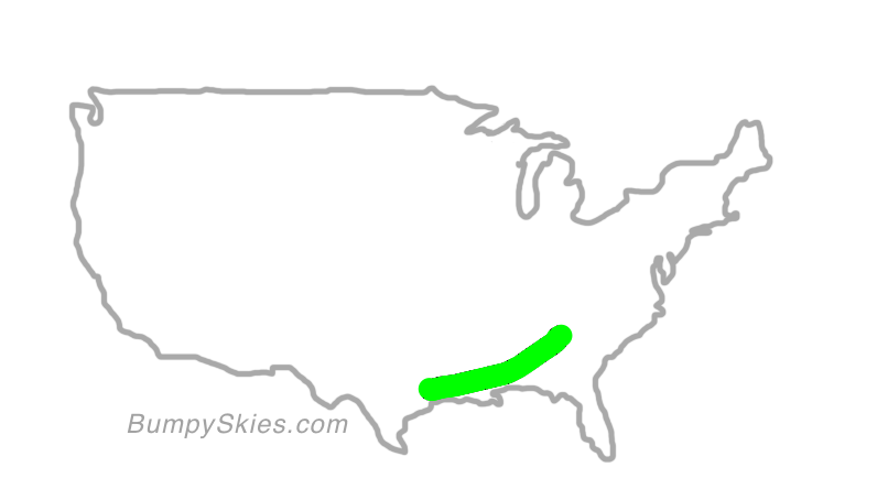 Map of continental US with illustrated flight path and turbulence forecast (described in text below)