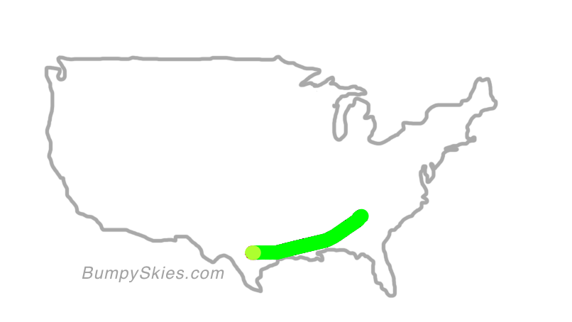 Map of continental US with illustrated flight path and turbulence forecast (described in text below)