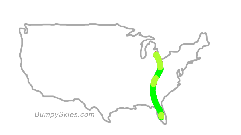 Map of continental US with illustrated flight path and turbulence forecast (described in text below)