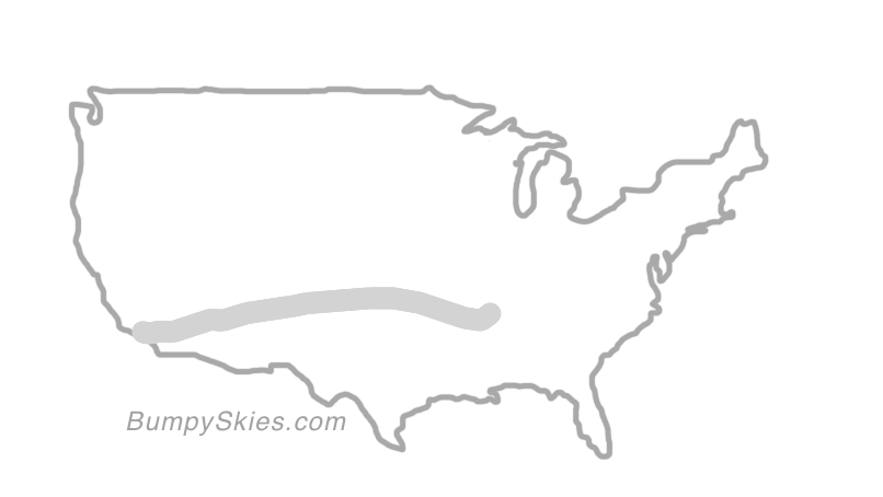 Map of continental US with illustrated flight path and turbulence forecast (described in text below)