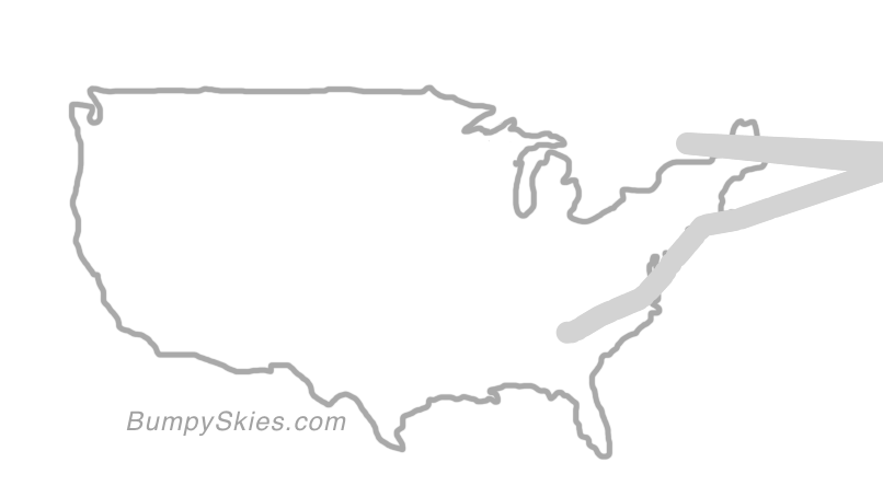 Map of continental US with illustrated flight path and turbulence forecast (described in text below)