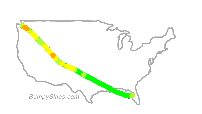 Map of continental US with illustrated flight path and turbulence forecast (described in text below)