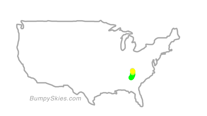 Map of continental US with illustrated flight path and turbulence forecast (described in text below)