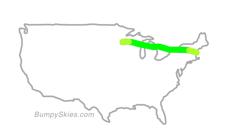 Map of continental US with illustrated flight path and turbulence forecast (described in text below)