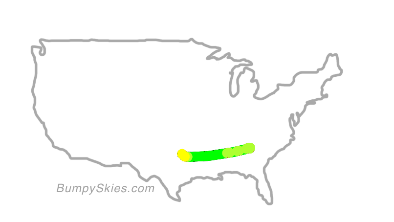 Map of continental US with illustrated flight path and turbulence forecast (described in text below)