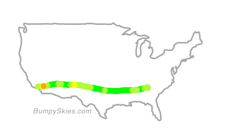 Map of continental US with illustrated flight path and turbulence forecast (described in text below)