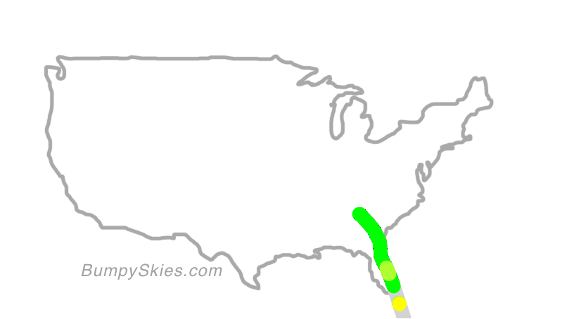Map of continental US with illustrated flight path and turbulence forecast (described in text below)