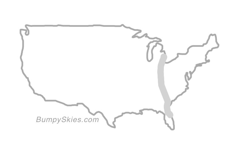 Map of continental US with illustrated flight path and turbulence forecast (described in text below)