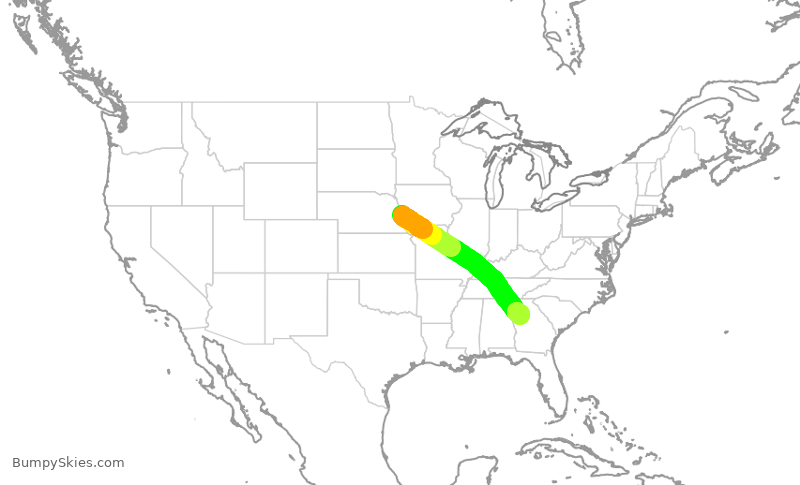 Turbulence forecast map for DAL1125, OMA to ATL