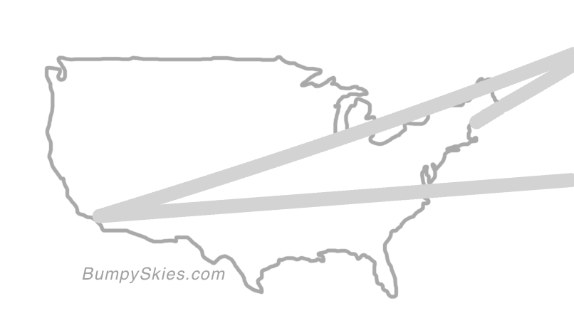 Map of continental US with illustrated flight path and turbulence forecast (described in text below)