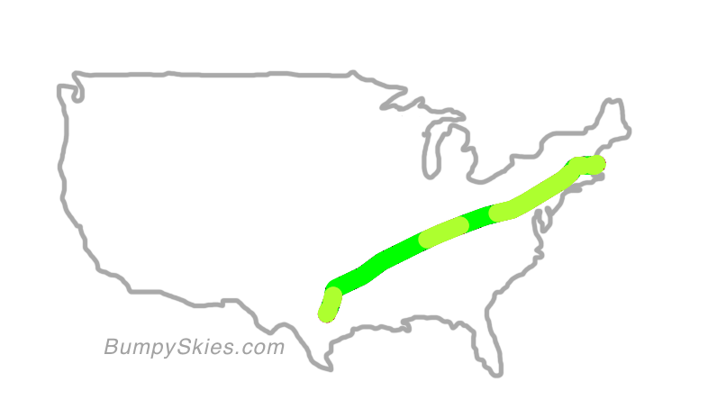 Map of continental US with illustrated flight path and turbulence forecast (described in text below)