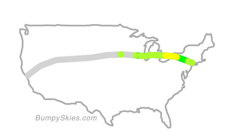 Map of continental US with illustrated flight path and turbulence forecast (described in text below)