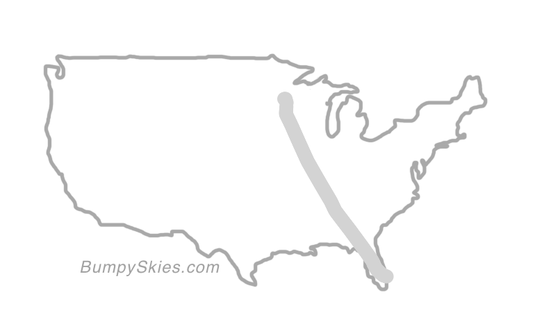 Map of continental US with illustrated flight path and turbulence forecast (described in text below)