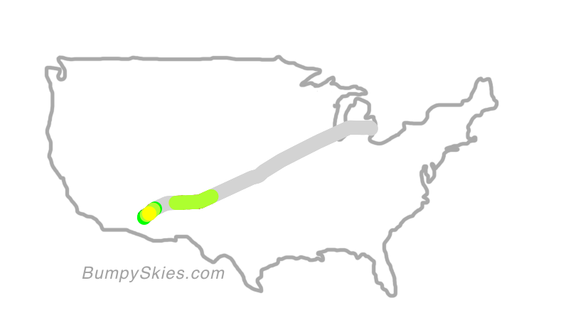 Map of continental US with illustrated flight path and turbulence forecast (described in text below)