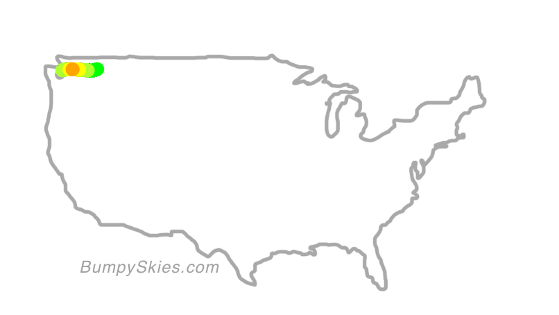 Map of continental US with illustrated flight path and turbulence forecast (described in text below)