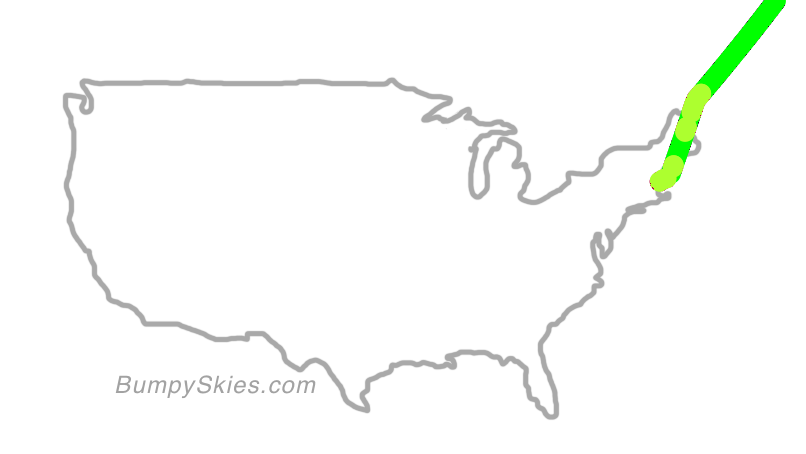 Map of continental US with illustrated flight path and turbulence forecast (described in text below)