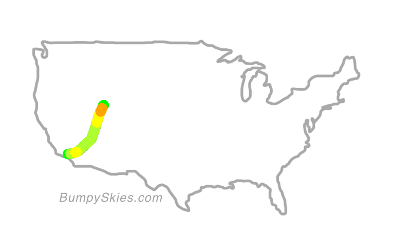 Map of continental US with illustrated flight path and turbulence forecast (described in text below)