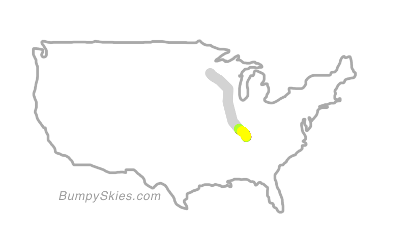 Map of continental US with illustrated flight path and turbulence forecast (described in text below)