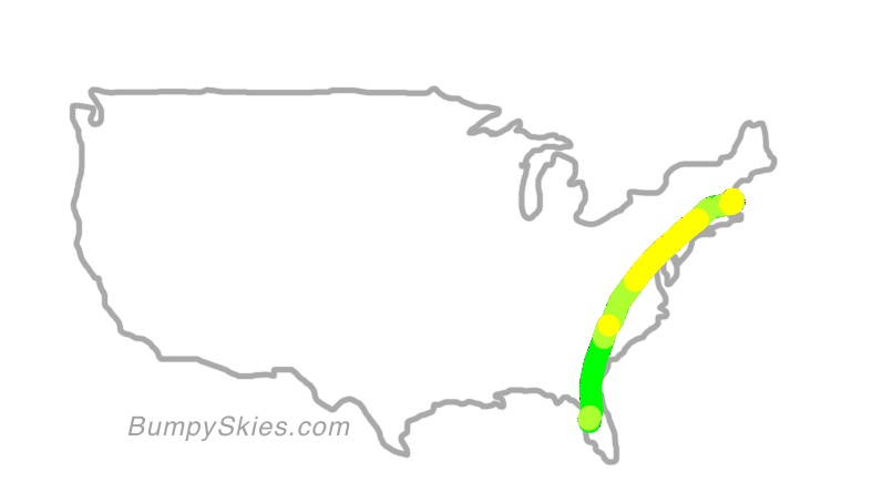 Map of continental US with illustrated flight path and turbulence forecast (described in text below)