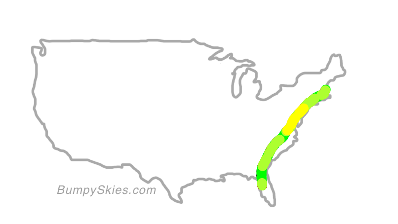 Map of continental US with illustrated flight path and turbulence forecast (described in text below)