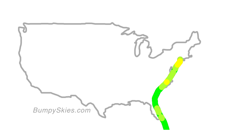 Map of continental US with illustrated flight path and turbulence forecast (described in text below)