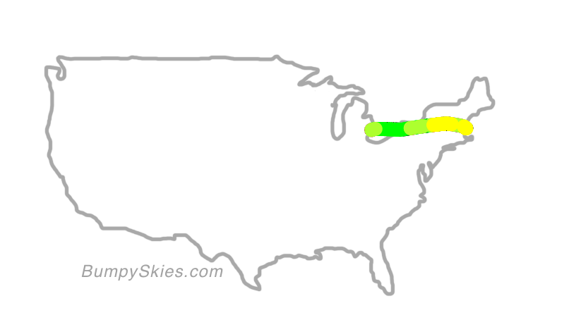 Map of continental US with illustrated flight path and turbulence forecast (described in text below)