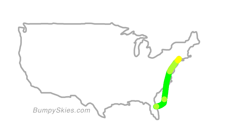 Map of continental US with illustrated flight path and turbulence forecast (described in text below)