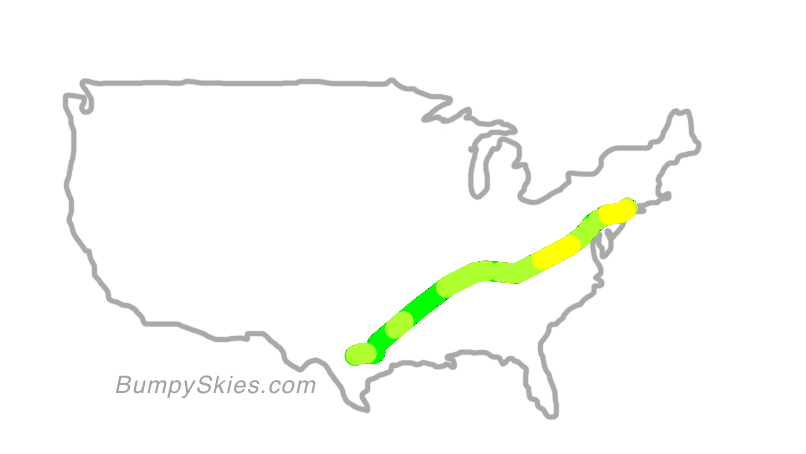 Map of continental US with illustrated flight path and turbulence forecast (described in text below)