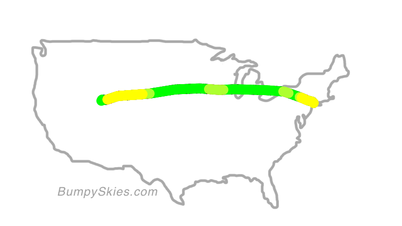 Map of continental US with illustrated flight path and turbulence forecast (described in text below)