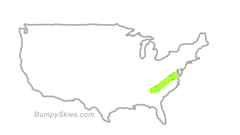 Map of continental US with illustrated flight path and turbulence forecast (described in text below)