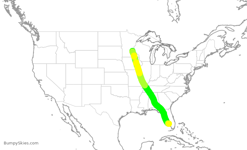 Turbulence forecast map for DAL1186, MSP to RSW