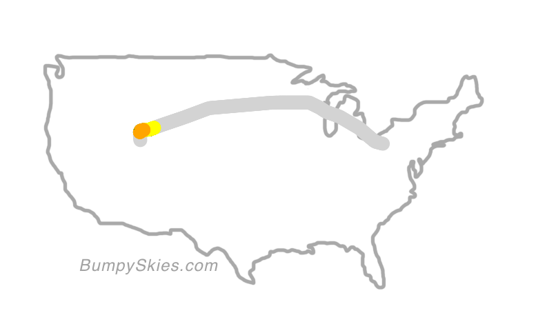 Map of continental US with illustrated flight path and turbulence forecast (described in text below)