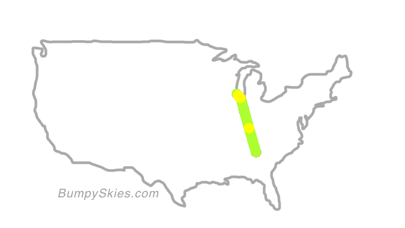 Map of continental US with illustrated flight path and turbulence forecast (described in text below)