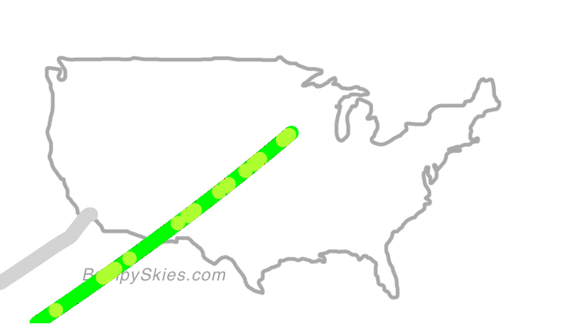 Map of continental US with illustrated flight path and turbulence forecast (described in text below)