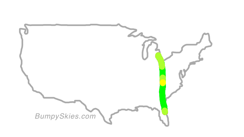 Map of continental US with illustrated flight path and turbulence forecast (described in text below)