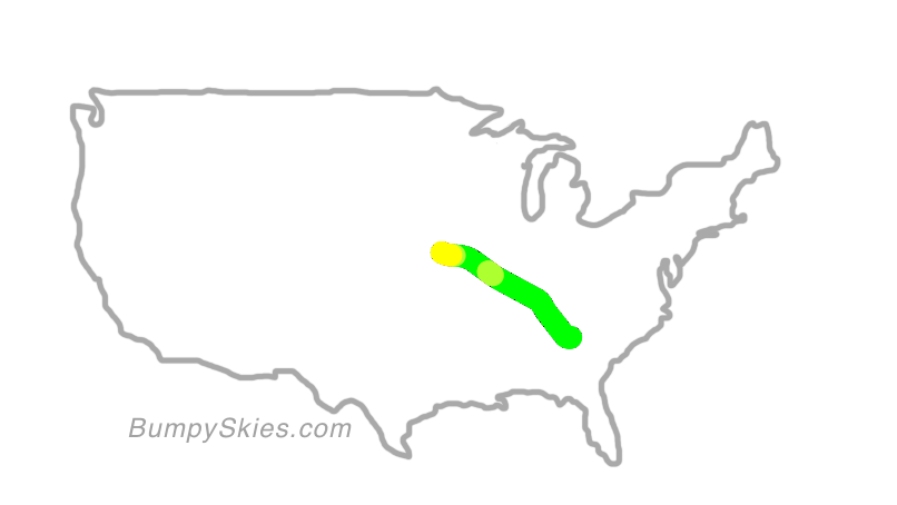 Map of continental US with illustrated flight path and turbulence forecast (described in text below)