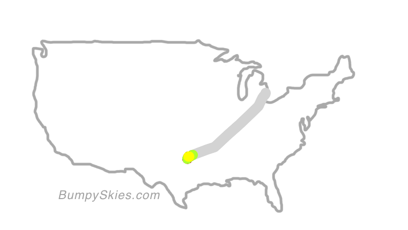 Map of continental US with illustrated flight path and turbulence forecast (described in text below)