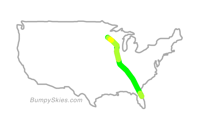 Map of continental US with illustrated flight path and turbulence forecast (described in text below)