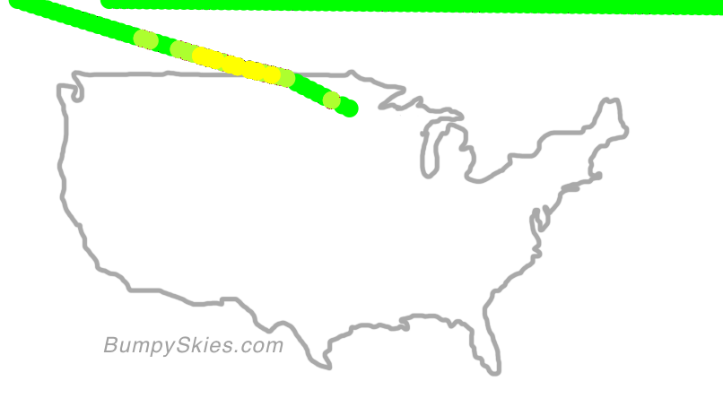 Map of continental US with illustrated flight path and turbulence forecast (described in text below)