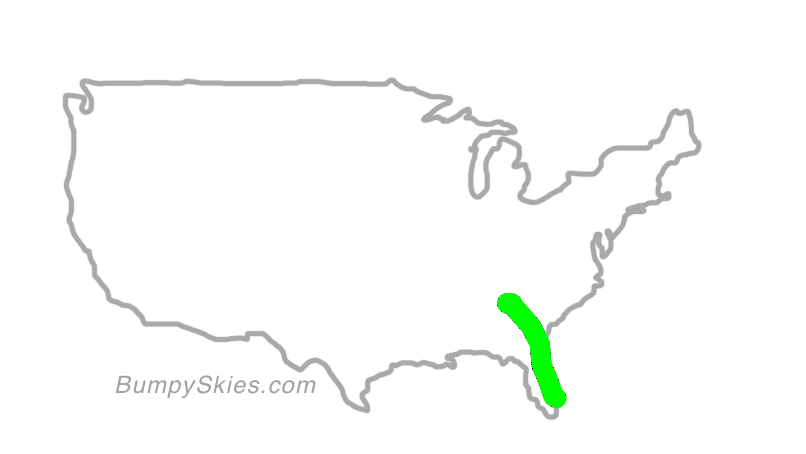 Map of continental US with illustrated flight path and turbulence forecast (described in text below)