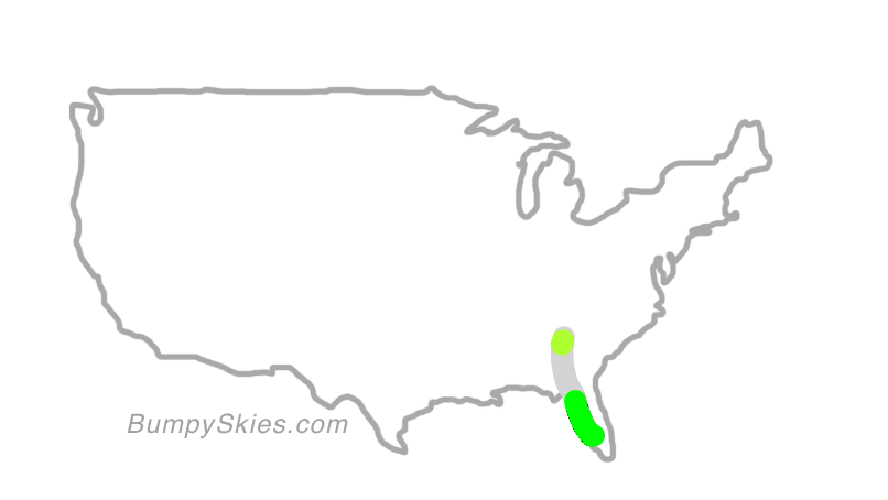 Map of continental US with illustrated flight path and turbulence forecast (described in text below)