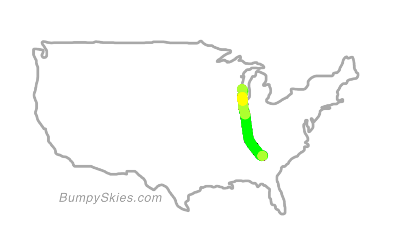 Map of continental US with illustrated flight path and turbulence forecast (described in text below)
