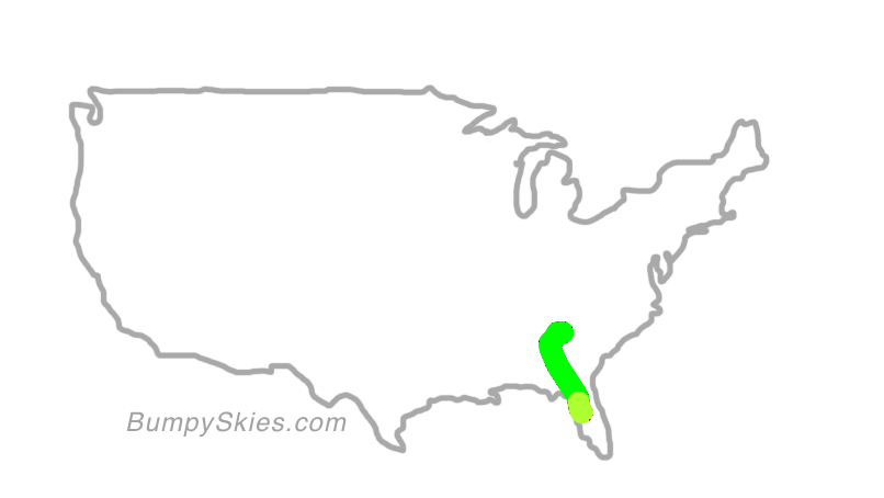 Map of continental US with illustrated flight path and turbulence forecast (described in text below)